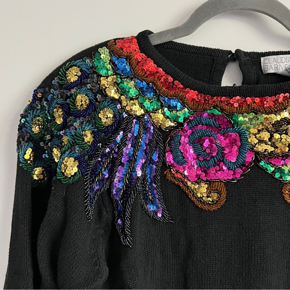 Vintage Claudia Barnes Black Colorful Sequin Glam Knit Sweater Size Small - Picture 4 of 8